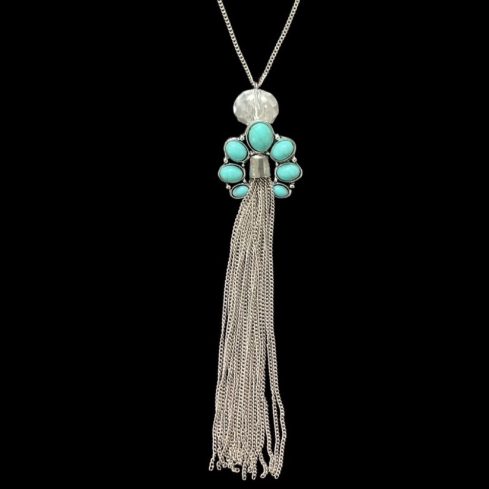 Boho western chic tasseled Silver and Turquoise Pendant Necklace. Long chain